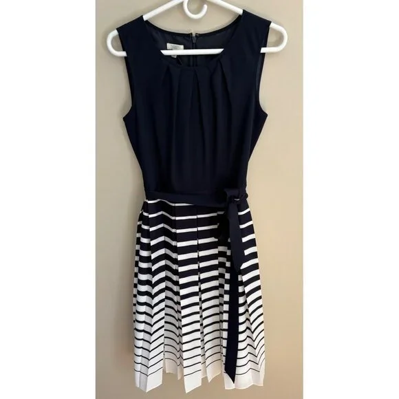 Talbots NWT Navy + White Striped Sleeveless Dress with Pleated Skirt Size 4 - Picture 3 of 13